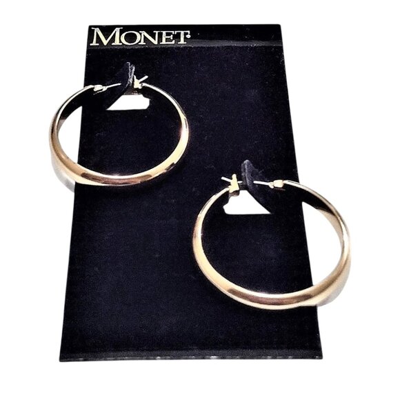 1 1/8" Monet Wedding Band Hoop Pierced Stud Earrings Gold Vintage Polished Rings - Picture 3 of 5